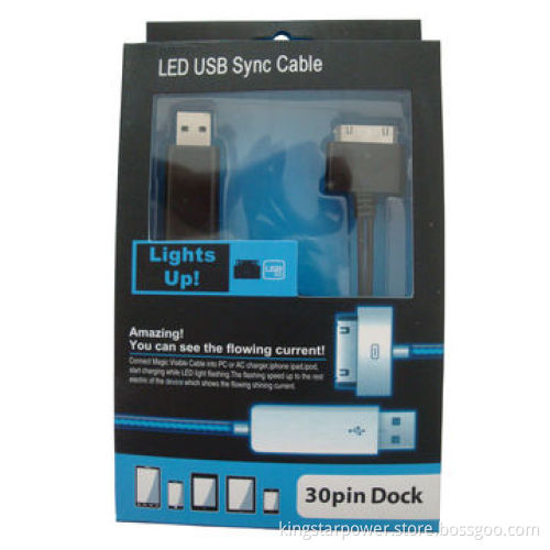 USB Data Cable for iPad 2 3 iPhone 3 3S 4 4S iPod, 30-pin Visible LED Flash, Different Colors